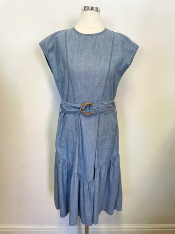 DESIGNER M.I.h JEANS LIGHT BLUE DENIM SLEEVELESS BELTED FIT & FLARE DRESS SIZE S