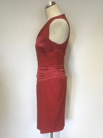 REISS HERIMONE RED ASYMMETRIC NECKLINE SATIN & CHIFON PLEATED DRAPE PENCIL DRESS SIZE 14