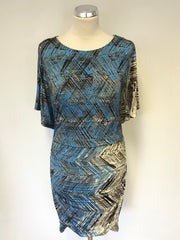NINE WEST TURQOUISE,BLACK,CREAM & BROWN PRINT SHORT SLEEVE STRETCH DRESS SIZE 2 UK 10