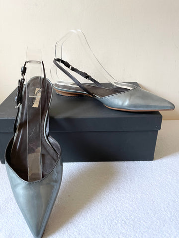CALVIN KLEIN GREY PATENT LEATHER POINTED TOE SLINGBACK HEEL FLATS SIZE 7/40