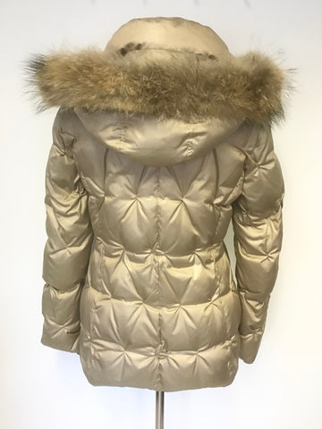 BETTY BARCLAY PALE GOLD 100% DOWN FILLED PADDED JACKET WITH RACOON FUR TRIM HOOD SIZE 8