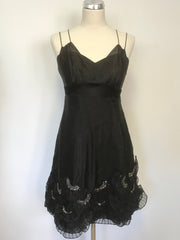 KAREN MILLEN BLACK SILK STRAPPY TIERED FAN SILVER SEQUIN FRILL TRIM DRESS SIZE 10