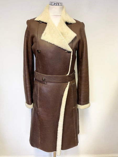 MULBERRY DARK BROWN LEATHER SHEEPSKIN KNEE LENGTH COAT SIZE 10