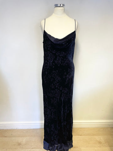 MONSOON MIDNIGHT BLUE FLORAL EMBOSSED VELVET SLEEVELESS LONG OCCASION DRESS SIZE 12