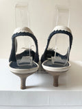 LK BENNETT NAVY BLUE TEXTILE & IVORY LEATHER TRIM SLINGBACK HEELS SIZE 6.5/39.5