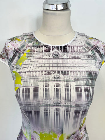TED BAKER WHITE,PINK & LIME GREEN FLORAL PRINT PENCIL DRESS SIZE 1 UK 8/10