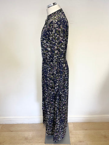 THE SHIRT COMPANY NAVY BLUE FLORAL PRINT LONG SLEEVED BELTED MIDI DRESS SIZE 8