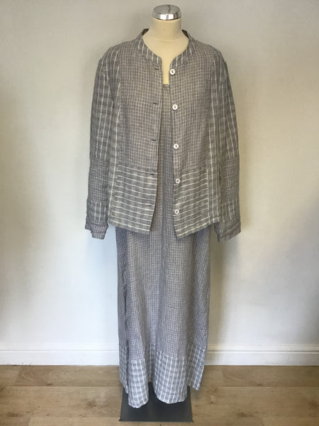 POETRY GREY & WHITE CHECK & STRIPED LINEN MAXI DRESS & MATCHING JACKET SIZE 16