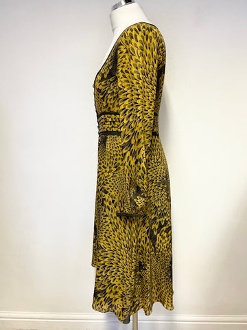 JENNY DYER LONDON 100% SILK MUSTARD & GREEN PRINT FIT & FLARE DRESS SIZE 10