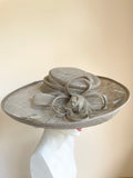 HAT STUDIO LIGHT GREY WITH BOW, COIL & FEATHER TRIM WIDE BRIM HAT