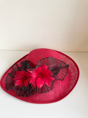 BRAND NEW ELEGANCE RED & BLACK FLOWER TRIMS WIDE BRIM FORMAL HAT