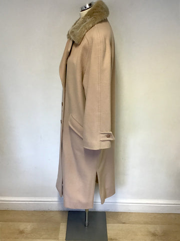 JACQUES VERT NATURAL BLUSH DETACHABLE FUR COLLAR WOOL & CASHMERE COAT SIZE 16