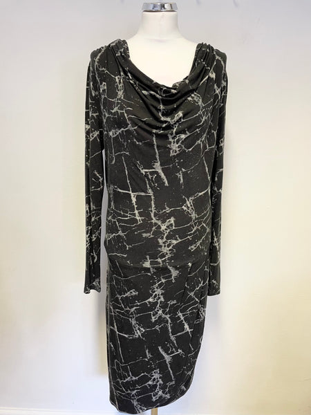 ST MARTINS BLACK & GREY PRINT BAMBOO STRETCH JERSEY LONG SLEEVE PENCIL DRESS SIZE 14