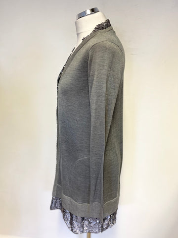 TWIN-SET SIMONA BARBIERI GREY 100% SILK SEQUIN TRIMMED LONG CARDIGAN SIZE XL