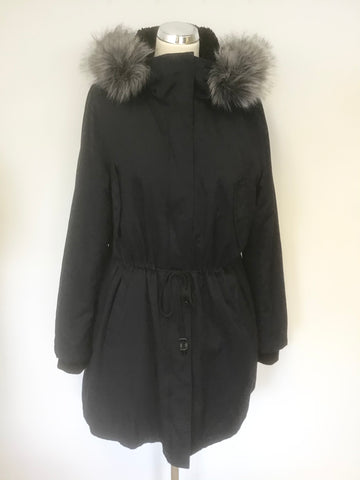 JIGSAW DARK BLUE HOODED FAUX FUR TRIM PARKA JACKET SIZE 16