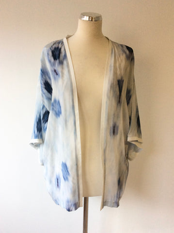 MINT VELVET BLUE PATTERNED SILK 3/4 SLEEVE OVER TOP/ JACKET SIZE 14