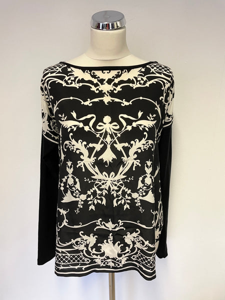 WEEKEND MAX MARA BLACK & WHITE PRINT SILK FRONT LONG SLEEVE FINE KNIT TOP SIZE L