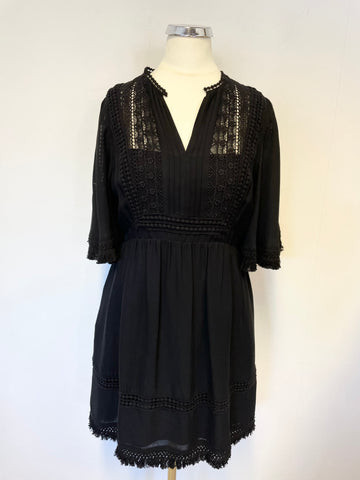 WHISTLES BLACK WITH LACE & FRINGE TRIM SHORT SLEEVE DRESS SIZE 8