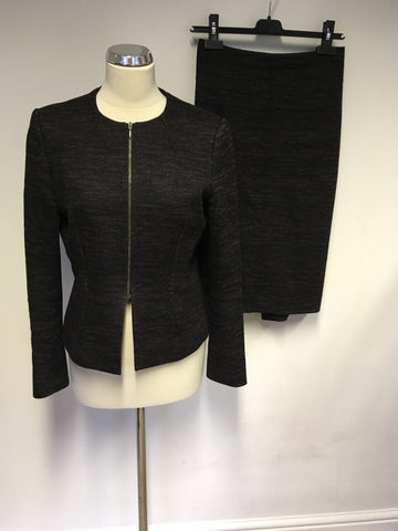 HOBBS BROWN & BLACK PRINT WOOL BLEND ZIP UP JACKET & SKIRT SIZE 12/14