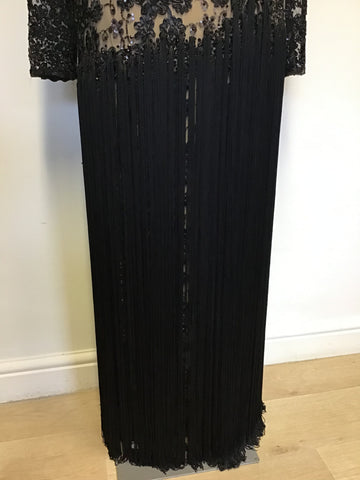 LORCAN MULLANY BY JACQUES VERT BLACK BEADED & SEQUINNED FRINGED EVENING DRESS SIZE 14