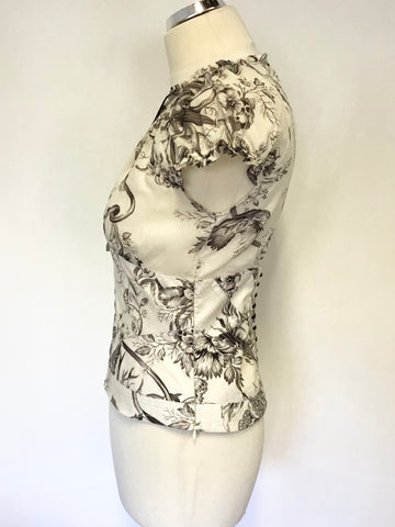 KAREN MILLEN CREAM & GREY PRINT CAP SLEEVE LACE UP BACK COTTON TOP SIZE 10