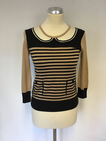 HOBBS CAMEL & BLACK STRIPE FINE KNIT JUMPER SIZE 8