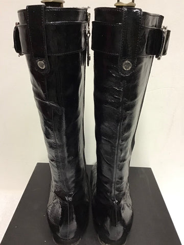 KAREN MILLEN BLACK PATENT LEATHER BUCKLE TRIM FLAT BOOTS SIZE 7/40