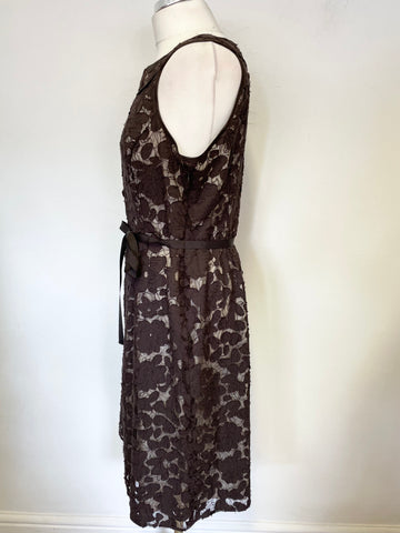 PHASE EIGHT BROWN LACE OVER CREAM SLEEVELESS BELTED SPECIAL OCCASION DRESS SIZE 16