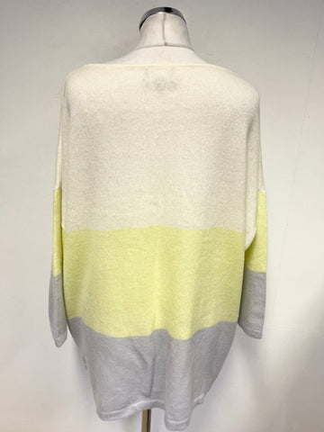 PURE COLLECTION 100% CASHMERE IVORY, LEMON & GREY FINE KNIT JUMPER SIZE XL