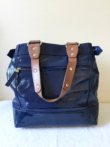 JAEGER NAVY BLUE PATENT LEATHER HAND/ SHOULDER TOTE BAG