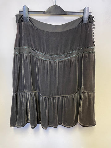 WHISTLES DARK GREEN LACE & SEQUIN TRIMMED VELVET TIERED SKIRT SIZE 10