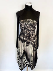 DESIGNER SARAH ARNETT BLACK & GREY PRINT SILK LONG SLEEVE BUBBLE HEM DRESS SIZE XS UK 6/8