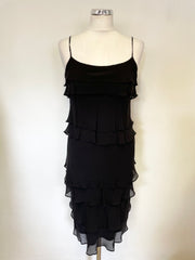 FENN WRIGHT MANSON BLACK SILK FINE STRAP TIERED SLIP DRESS SIZE 10