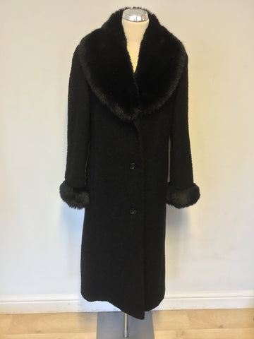 MARKS & SPENCER BLACK BOUCHLE WOOL COAT WITH FAUX FUR TRIMS SIZE 8 X LONG