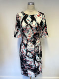 LK BENNETT CRYSTAL BLACK & MULTI COLOURED FLORAL PRINT PENCIL DRESS SIZE 12