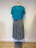 JACQUES VERT TURQOUISE & GREY PRINT OCCASION DRESS & BOLERO CARDIGAN SIZE 16