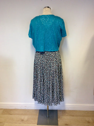 JACQUES VERT TURQOUISE & GREY PRINT OCCASION DRESS & BOLERO CARDIGAN SIZE 16