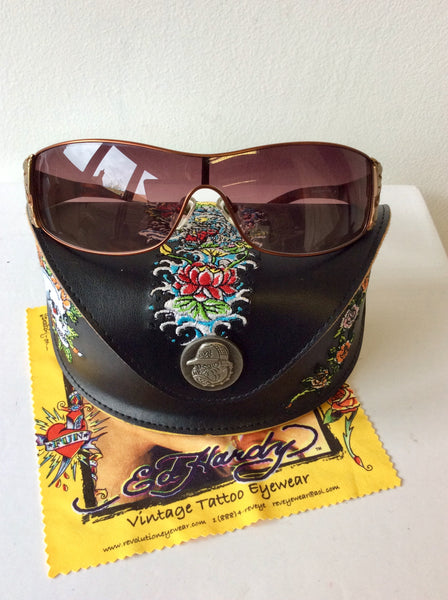 ED HARDY BROWN TORTOISESHELL EMBELISHED SIDE SUNGLASSES