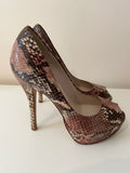 LK BENNETT BROWN,TERRACOTTA & CREAM SNAKESKIN PRINT PEEPTOE LEATHER HEELS SIZE 5/38