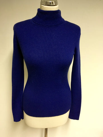 HOBBS BLUE RIBBED WOOL POLO NECK JUMPER SIZE 10