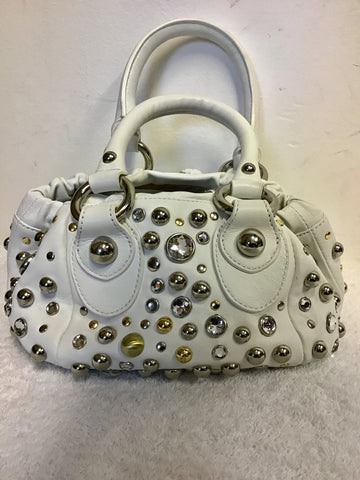KAREN MILLEN WHITE LEATHER STUDDED TASSEL TRIM HAND BAG