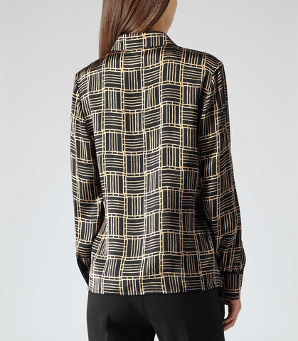 REISS BLACK & GOLD PRINT SILK SHIRT SIZE 8