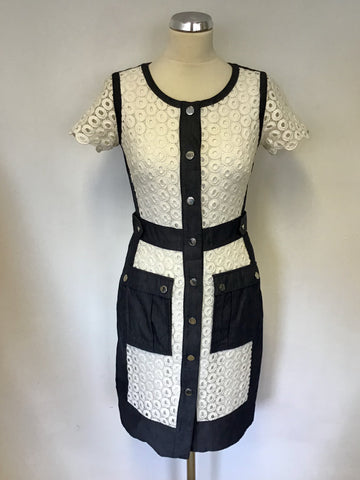 KAREN MILLEN DENIM BLUE & WHITE LACE PENCIL DRESS SIZE 10