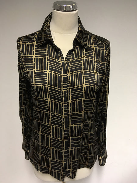 REISS BLACK & GOLD PRINT SILK SHIRT SIZE 8 Whispers Dress Agency REISS BLACK & GOLD PRINT SILK SHIRT SIZE 8 Whispers Dress Agency