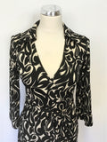 LK BENNETT BLACK & IVORY PRINT SILK WRAP DRESS SIZE 10