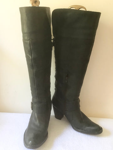 CLARKS DARK GREEN LEATHER LACE UP  & BUCKLE TRIM KNEE LENGTH BOOTS SIZE 5/38