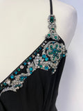 KAREN MILLEN BLACK SILK WITH EMERALD & DIAMANTE TRIM STRAPPY HANDKERCHIEF HEM DRESS SIZE 10