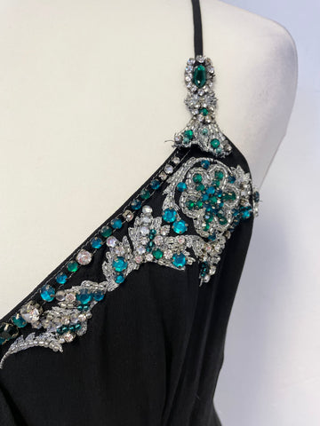 KAREN MILLEN BLACK SILK WITH EMERALD & DIAMANTE TRIM STRAPPY HANDKERCHIEF HEM DRESS SIZE 10