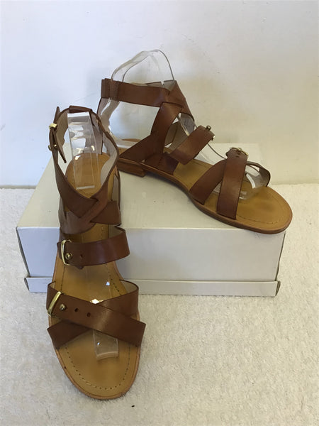 BRAND NEW FRENCH CONNECTION TAN LEATHER FLAT GLADIATOR SANDALS SIZE 5/38