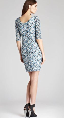 REISS RACHEL TURQOUISE,BLUE & WHITE FLORAL PRINT STRETCH SHORT SLEEVE DRESS SIZE 14